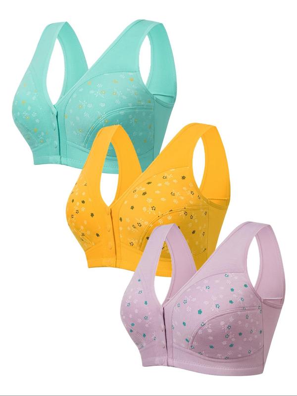 Plus Size Floral Print Button Front Bra, Comfy Breathable Wireless Bralette, Women's Plus Size Lingeries for All Seasons